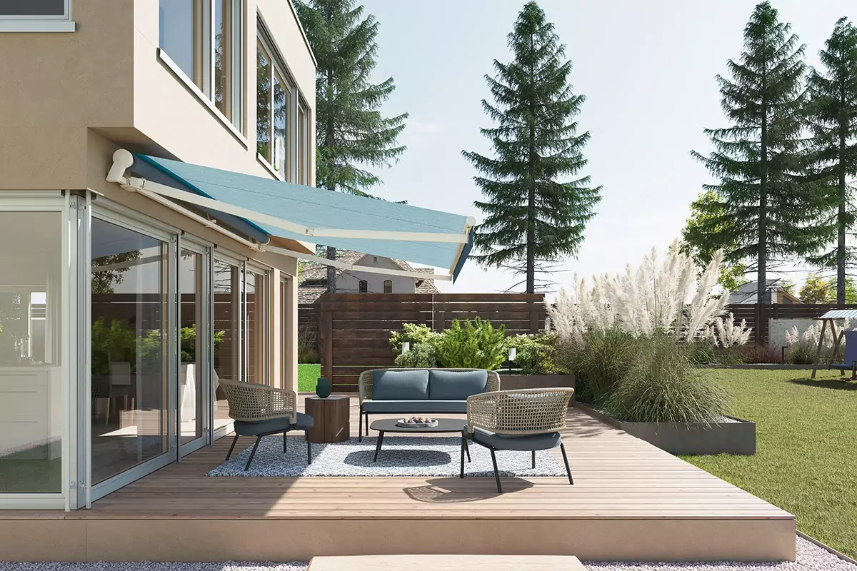 Offene Gelenkarmmarkise – flexibler Sonnenschutz für Terrasse und Balkon von DIX GmbH.