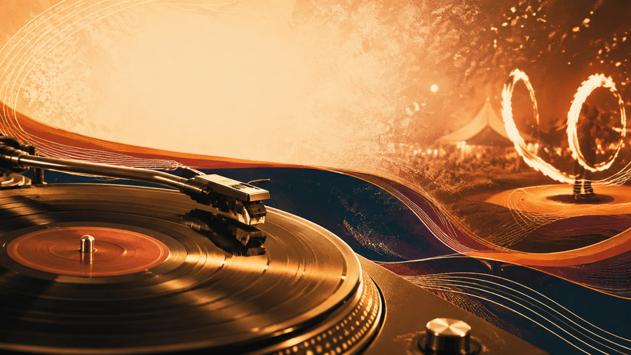 Illustration eines Plattenspielers mit Schallplatte und Feuershow als Motiv für Vinyl und Wahnsinn in Bruchmühlen