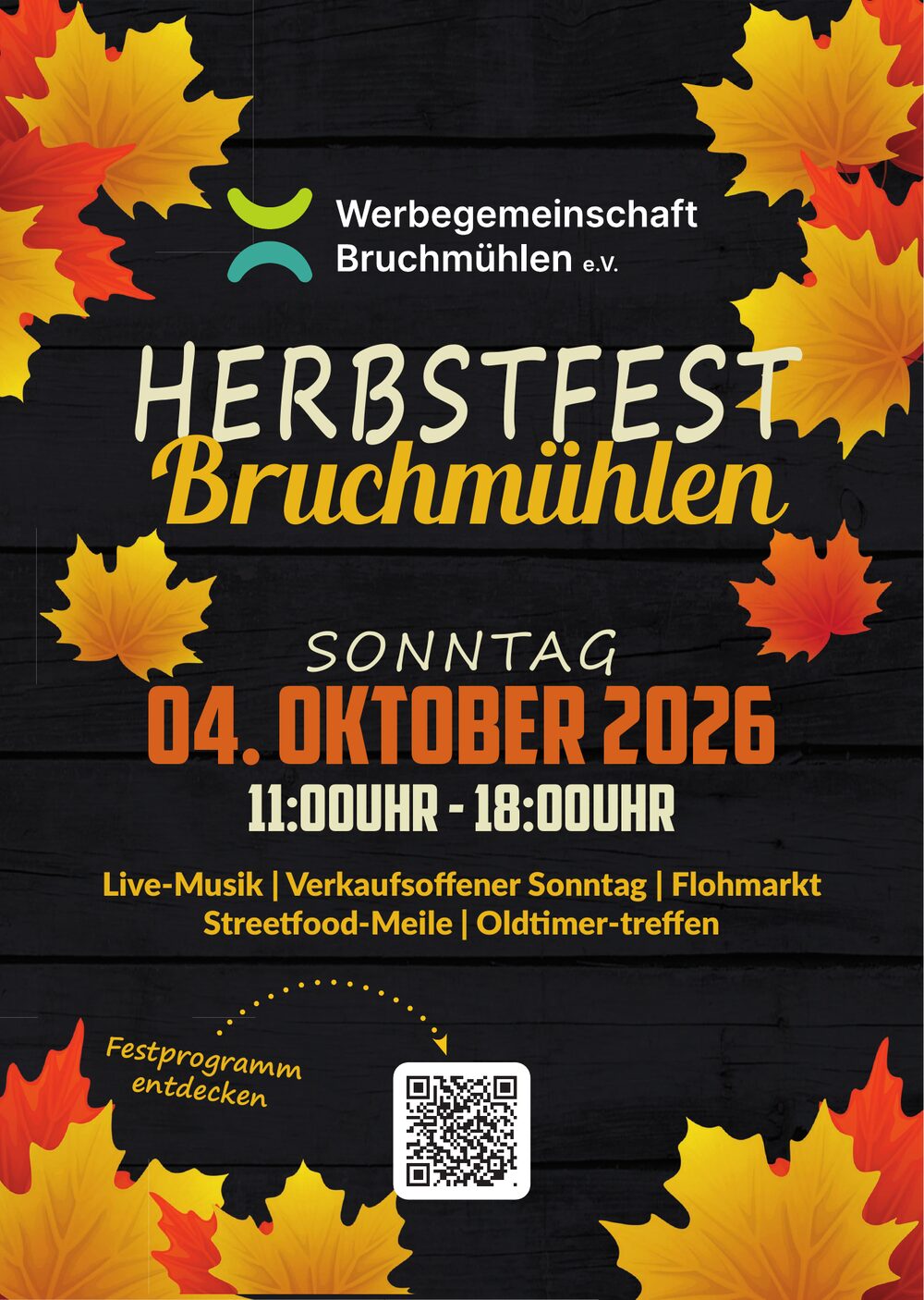 Plakat zum Herbstfest Bruchmühlen am Sonntag, 4. Oktober 2026, von 11 bis 18 Uhr mit Live-Musik, verkaufsoffenem Sonntag, Flohmarkt, Streetfood und Oldtimer-Treffen